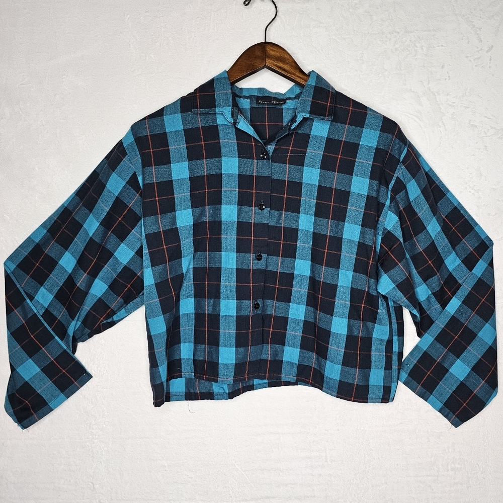 Vintage Band Button Up Plaid Shirt Long Sleeve Cropped Women’s Sz Large